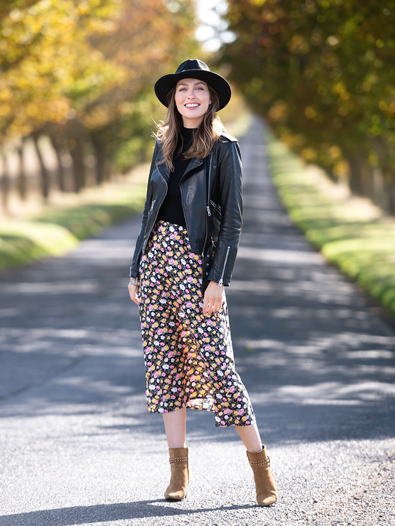 Skirt and leather jacket