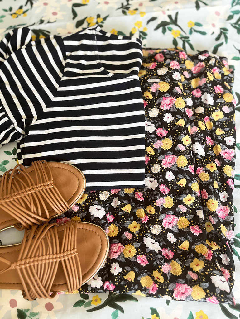 Skirt, striped top and sandals