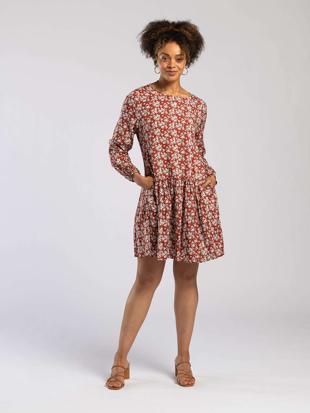 Tiered Mini Smock Dress in Rust White Floral