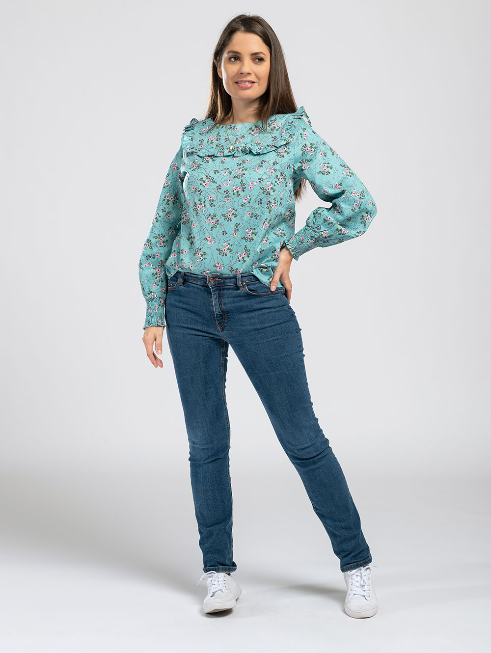 Ruffle Blouse in Turquoise Blue
