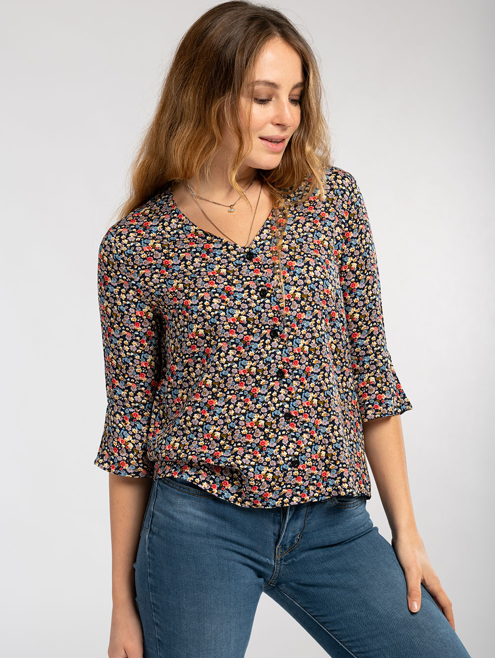 V-Neck Fluted Sleeve Blouse in Ditsy Print