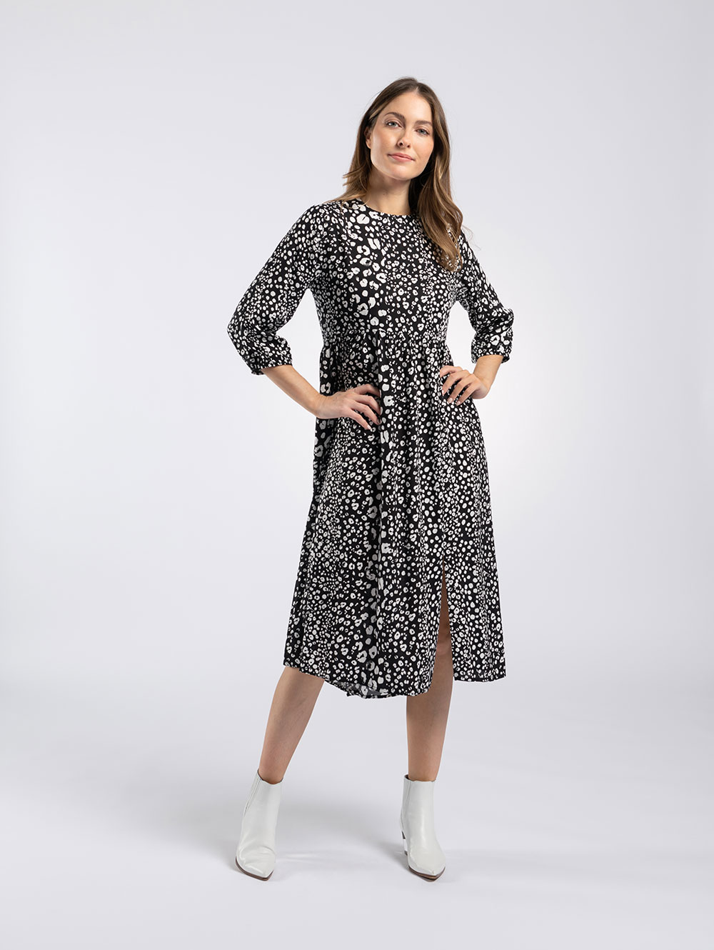 Midi Dress in Black White Animal