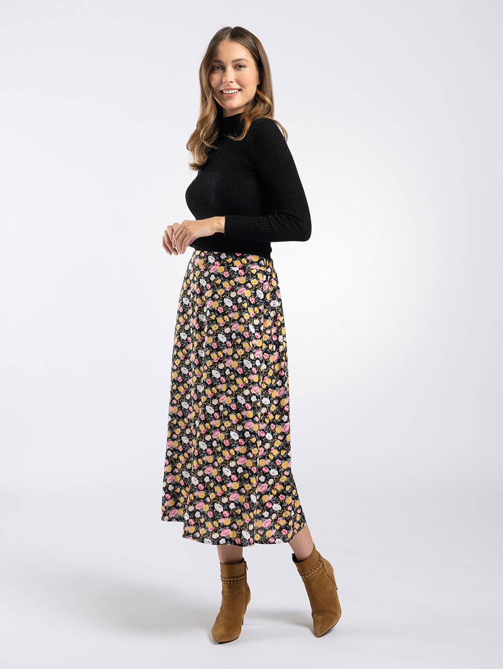 Midi Skirt in Pink Yellow Flower