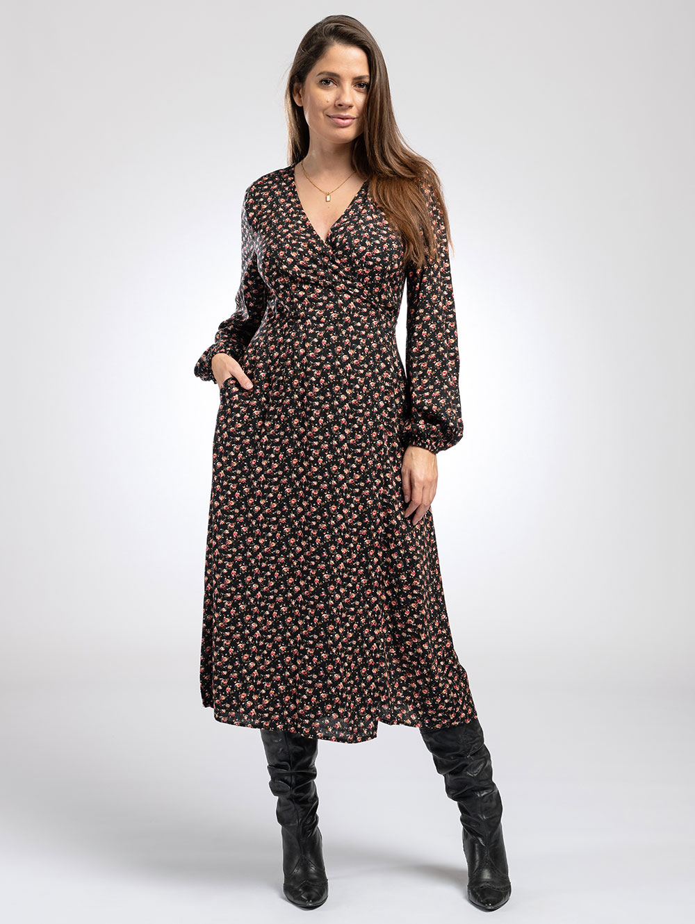 Midi Wrap Dress in Black Floral