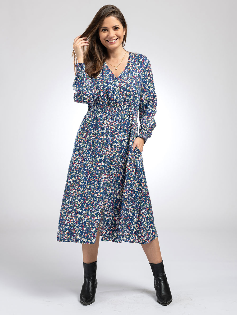 Shirred Waist Midi Dress in Blue Floral