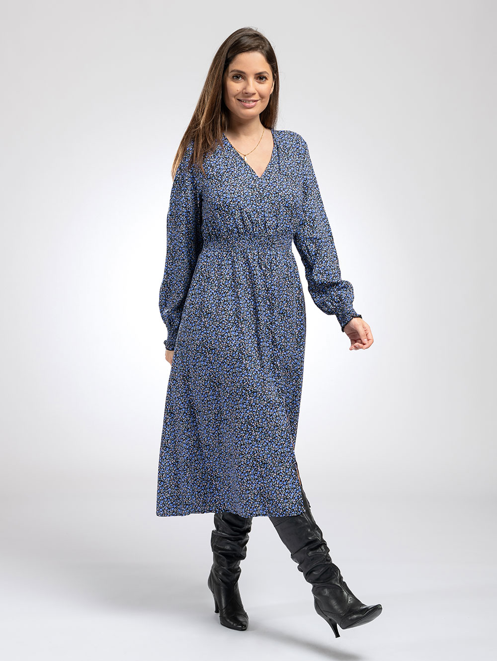 Shirred Waist Midi Dress in Indigo Flower