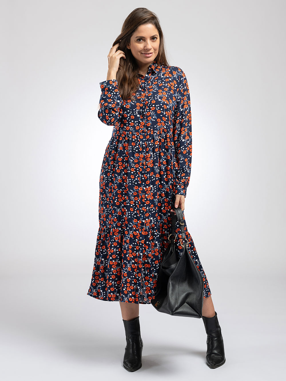 Tiered Shirt Dress in Navy Orange Flower