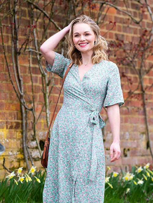 Midi Wrap Dress in Green Floral