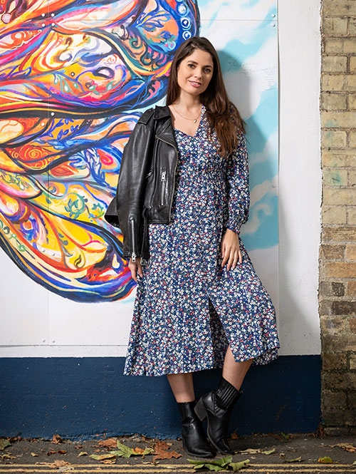 Shirred Waist Midi Dress in Blue Floral