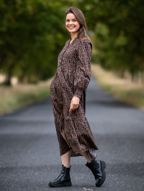 Tiered Dress in Chocolate Brown Animal Print
