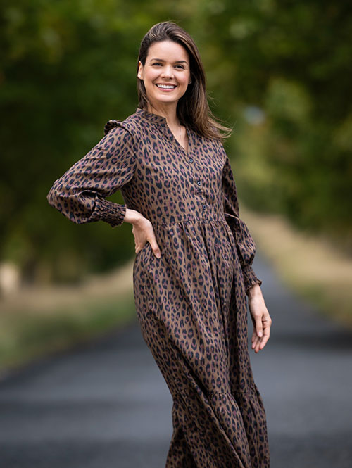 Tiered Dress in Chocolate Brown Animal Print