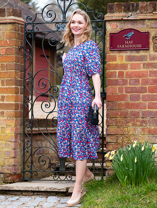 Tiered V-Neck Midi Dress in Cobalt Red Flower