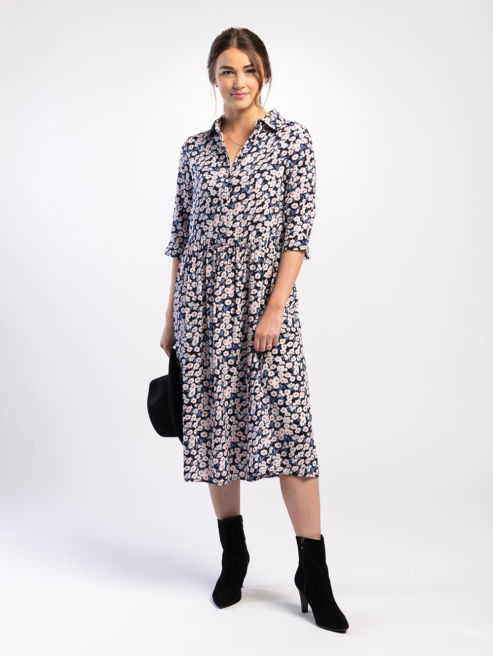 Midi Shirt Dress in Black Floral