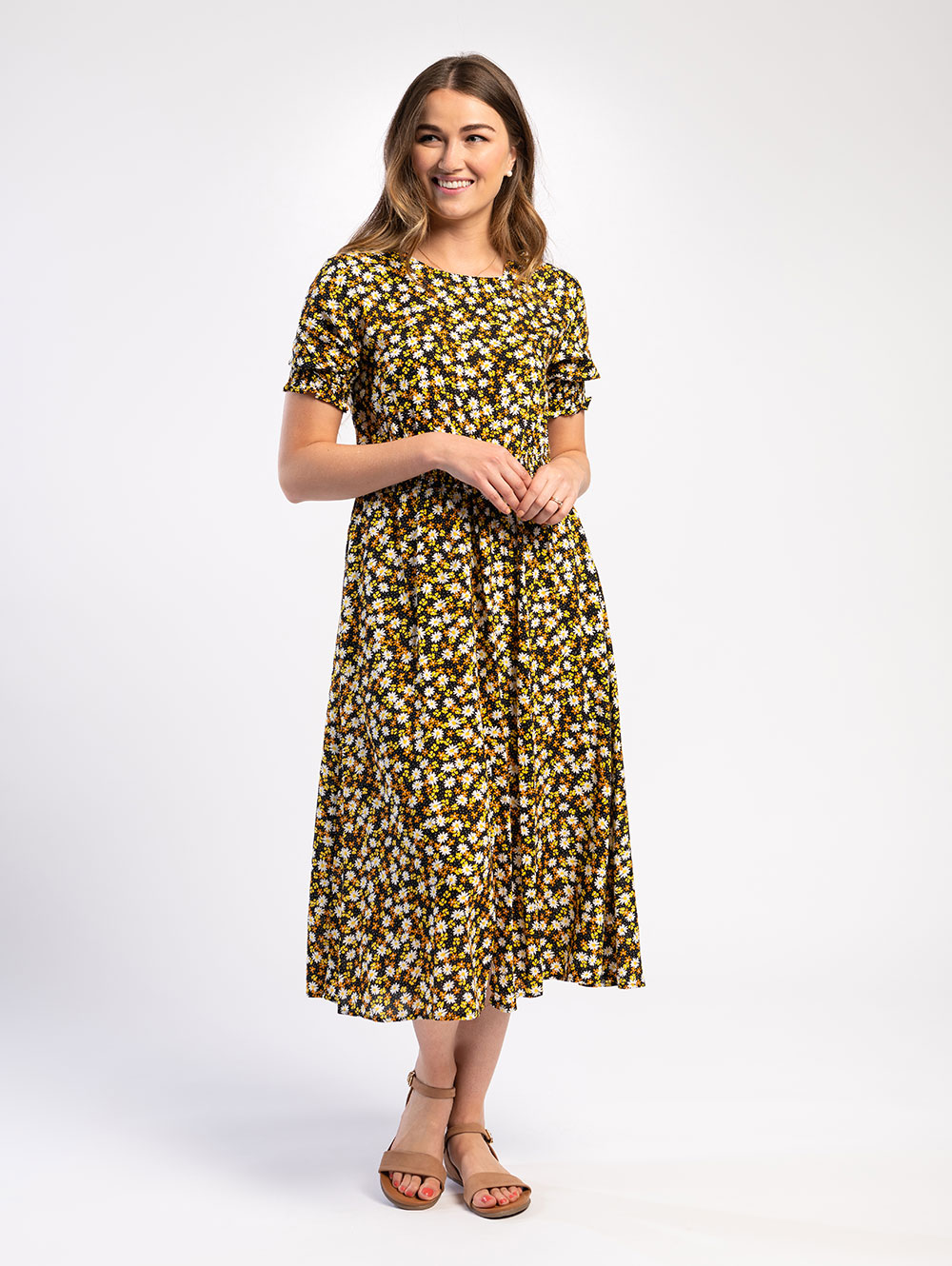 Shirred Waist Midi Dress in Black Yellow Daisy