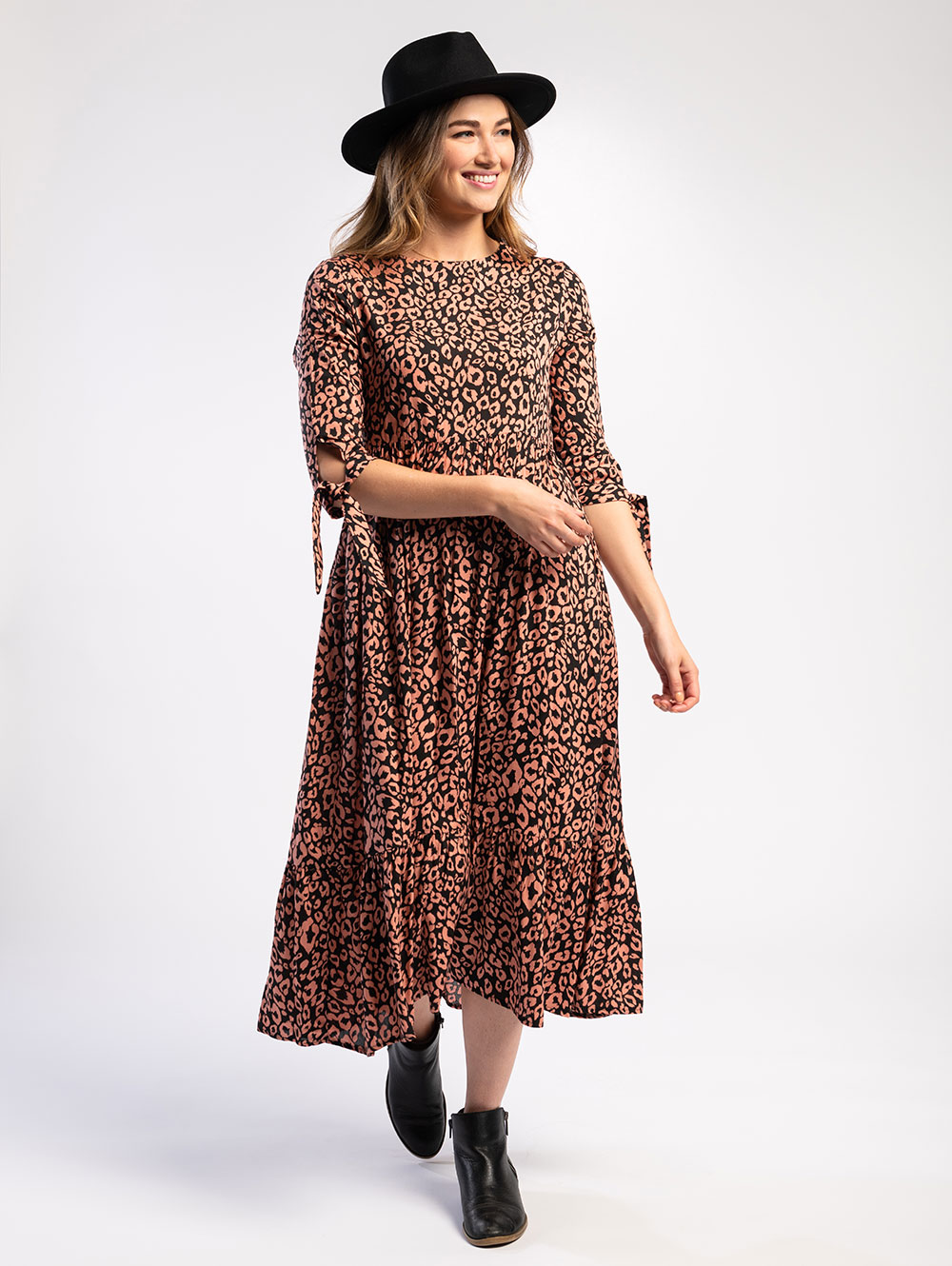 Tie-Sleeve Midi Dress in Pink Animal