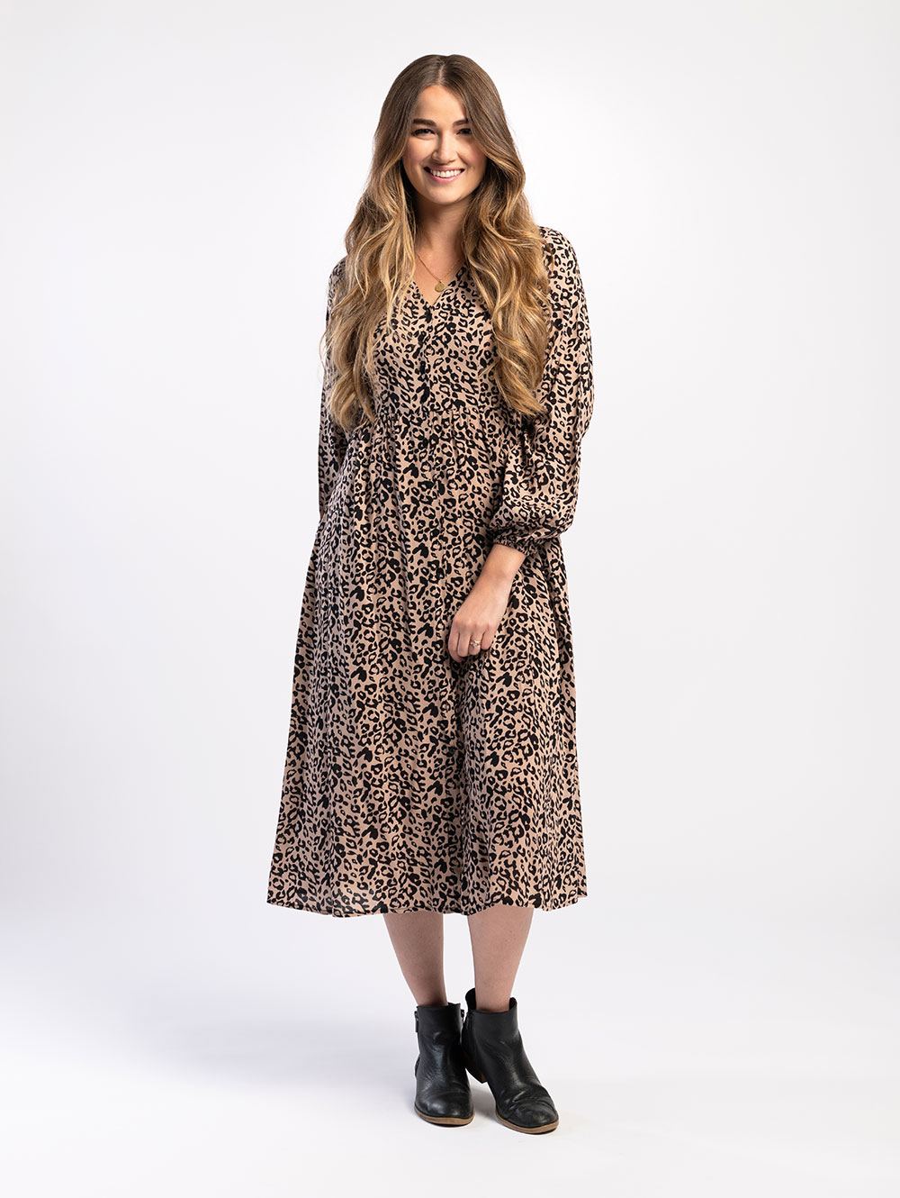 V-Neck Midi Dress in Animal Print