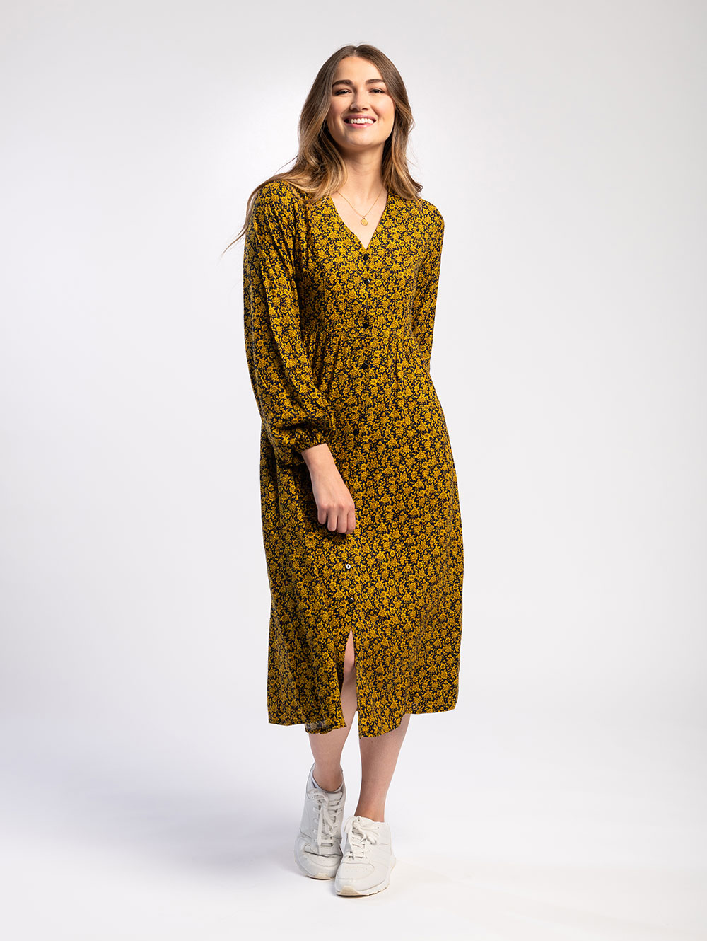 V-Neck Midi Dress in Black Yellow Floral