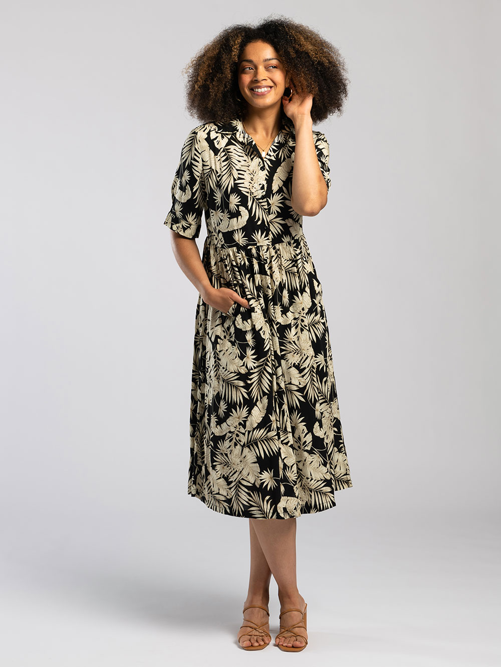 Midi Shirt Dress in Black Leaf Print