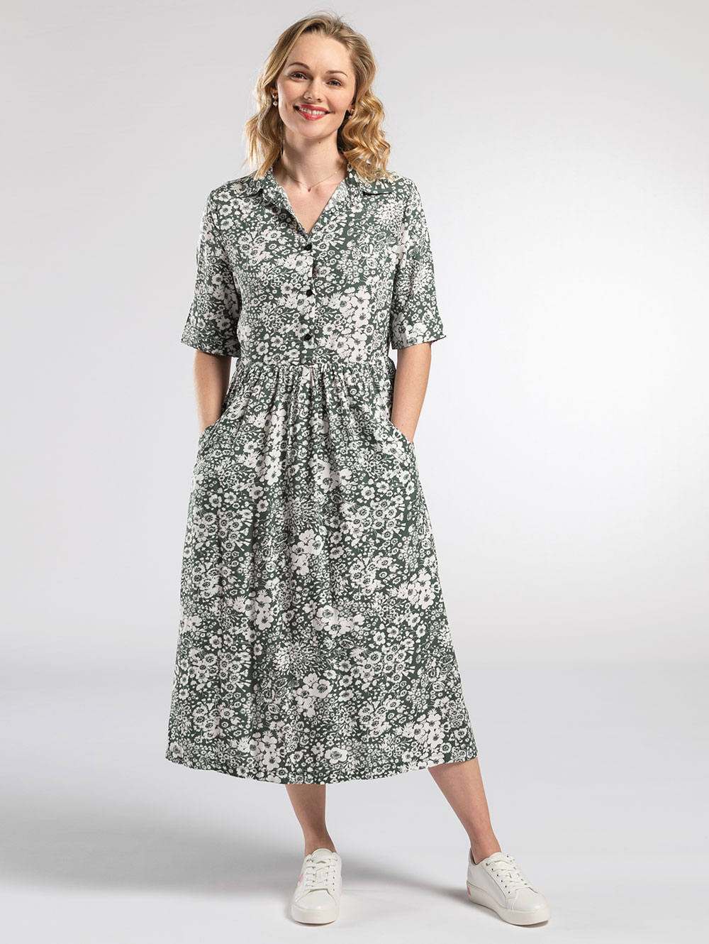 Midi Shirt Dress in Sage Green Floral