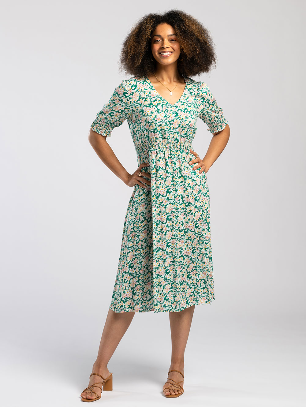 Shirred Waist Midi Dress in Green Blossom