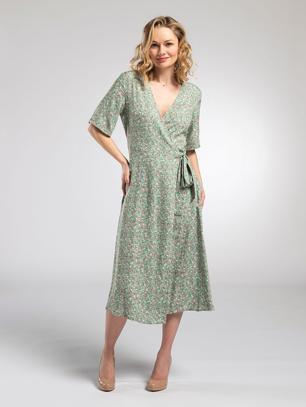 Midi Wrap Dress in Green Floral